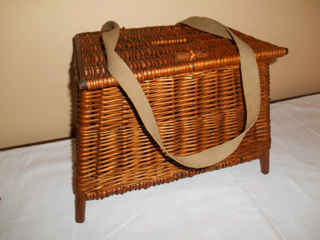 Panier Créel Osier Et Cuir – Pêche à La Mouche – Vintage – Ancien