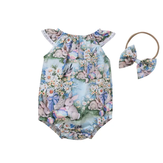 Newborn Baby Girls Easter Rabbit Clothes Outfits Top Floral Jumpsuit Outfit 0-2T