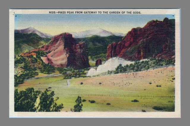 Postcard Linen Pikes Peak From Gateway Garden Of The Gods Colorado Springs CO