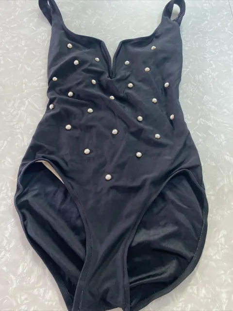Vintage ILGWU Rose Marie Reid Pin Up Black Swim Suit Pearl Detail Sz 12 (SMALL)