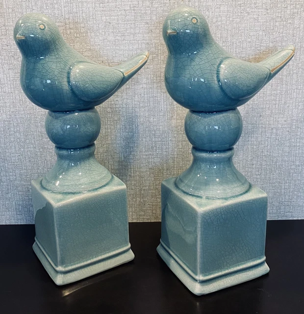 2 Porcelain 13” Turquoise ￼Doves on Columns, Statuettes, Crackle Pattern