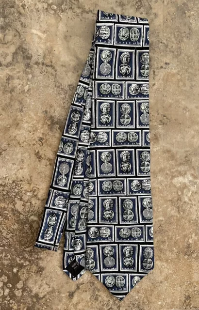 Men’s Greek Stamps Silk Necktie Blue Black Museum Artifacts New