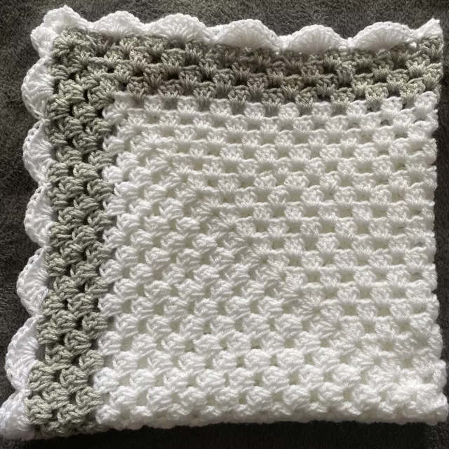 Hand crocheted baby's blanket/shawl/car seat/pram/crib White and Grey dk wool