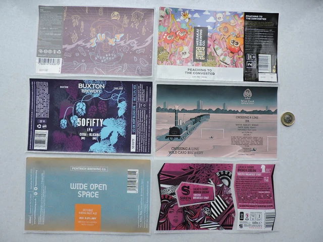 x6 various beer labels from the UK, off tins - used - UK Buyers only please