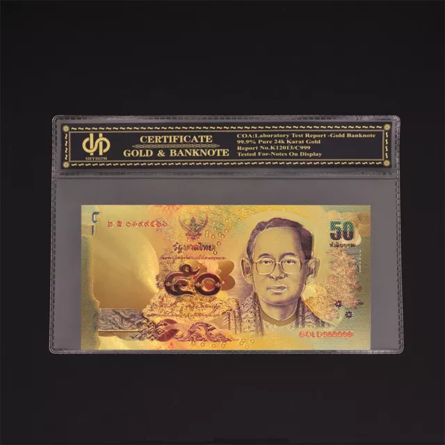 Gold Plated Normal Banknote Rare Thailand Money Gold 50 Baht Banknote W/ COA