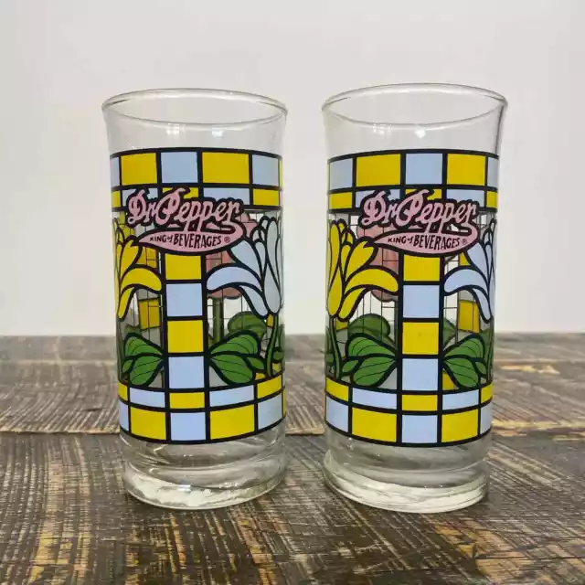 Vintage Dr Pepper Set of 2 Tall Drinking Glasses 14 fl oz Stained Glass Flowers