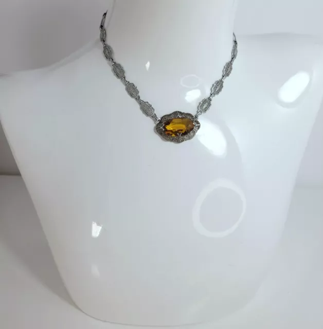 Antique Deco Filigree Necklace amber color glass stone + rhodium plated metal