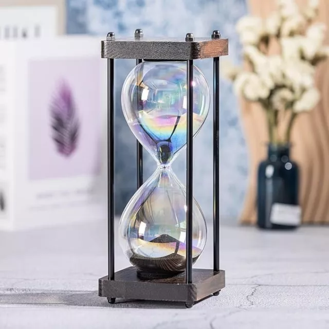 Rainbow Hourglass Timer 60 Minute,Wooden Frame Decorative Sand Timer(Black SanD.