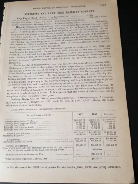 1888 Zugbericht WHEELING & LAKE ERIE RAILWAY Bowerston Huron Toledo OHIO