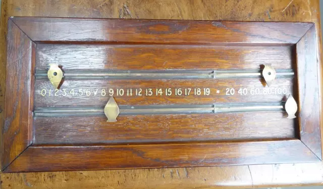 Antique wooden billiards or snooker scoreboard, brass bars and pointers, 1920s