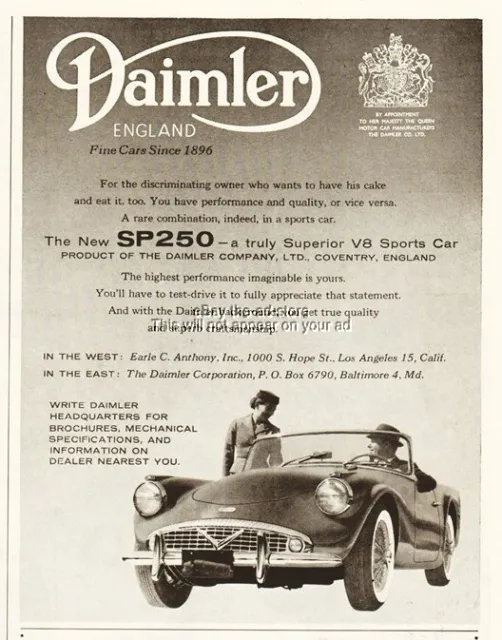1960 Daimler Co Coventry England SP250 Sport Car Convertible Vintage Photo Ad