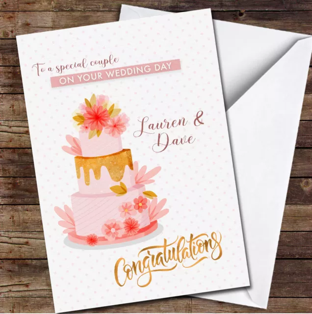Pink Gold Wedding Day Cake Congratulations Names Personalised Card
