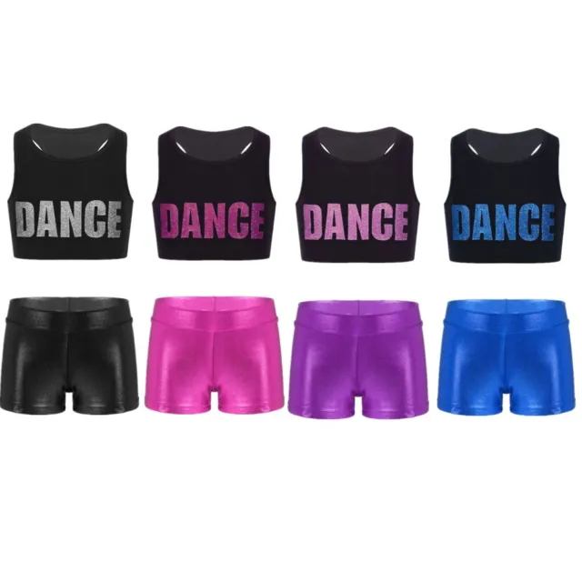 Kids Girls 2 Pcs Gymnastic Sport Outfit Dancewear Printed Crop Top with Shorts