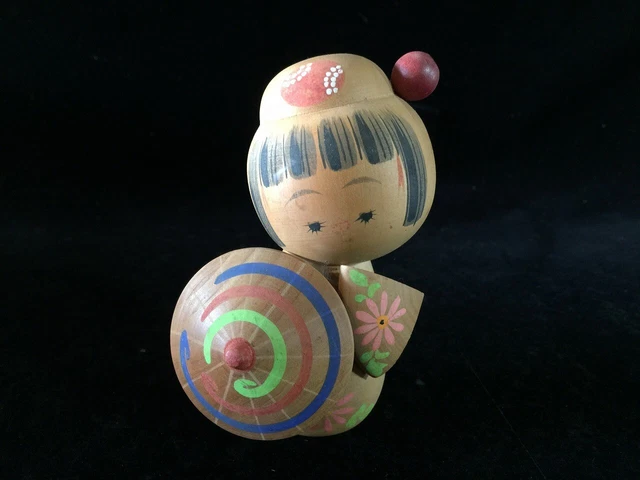 R0345 Japonais Bois Traditionnel Poupée Kokeshi Vintage Signé Okimono