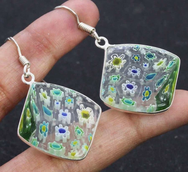 Dichroic Glass 925 Silver Plated Handmade Earrings of 1.5" Ethnic Gift