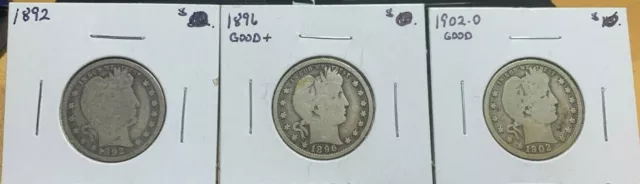 1892-P, 1896-P, 1902-O Barber Quarter Dollars lot. NO RESERVE