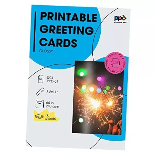 50 Inkjet Printable Blank Glossy Greeting Card Paper 64lbs Pack of 50 sheets