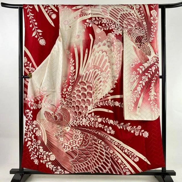 Woman Japanese Kimono Furisode Silk Peacock Flowers Gold Foil Red