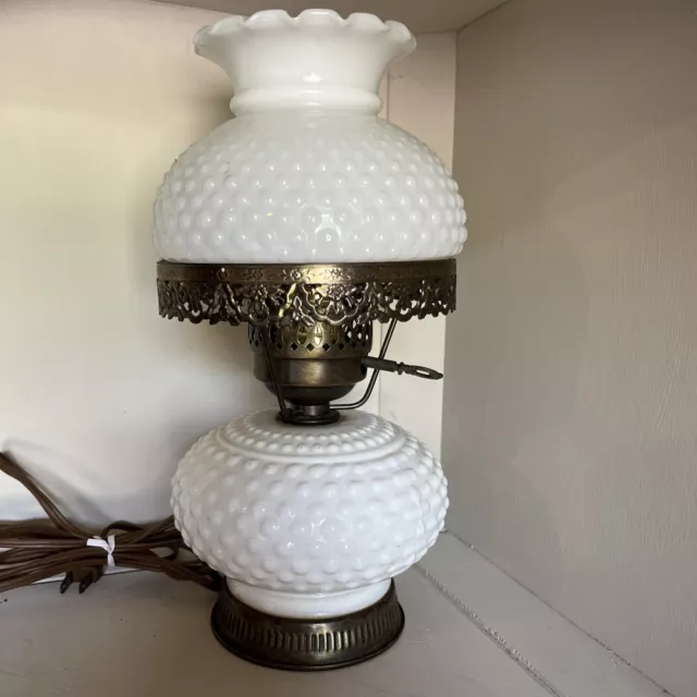 Hobnail Table Lamp Milk Glass Body Globe Parlor Dresser Lamp