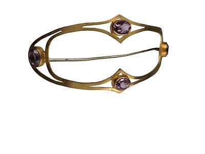 Sash Antique Victorian Brass Amethyst Glass Stone Mourning Buckle Brooch 4"