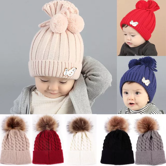 Newborn Baby Boy Girls Winter Warm Hat Fur Pom Bobble Knit Crochet Beanie Cap XX