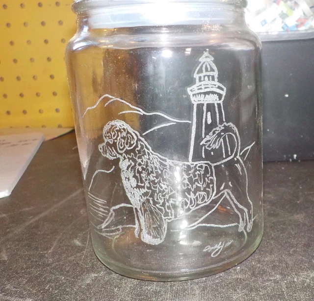 Portuguese Water Dog  hand engraved  signed glass apothecary jjar