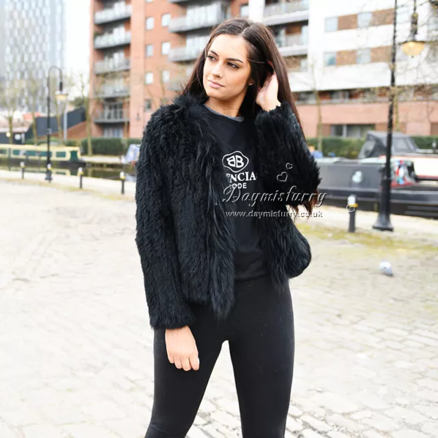 Knitted Rabbit Fur Lady Jacket With Raccoon Fur Trim, Real Fur Coat