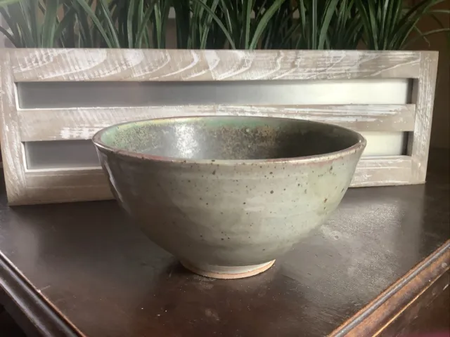 RAKU Studio Art Pottery Console Bowl Signed Light Green Glaze E.B.