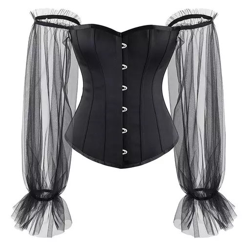 Gothic Women Sexy Lace Up Boned Corset Overbust Bustier with Mesh Long Sleeves