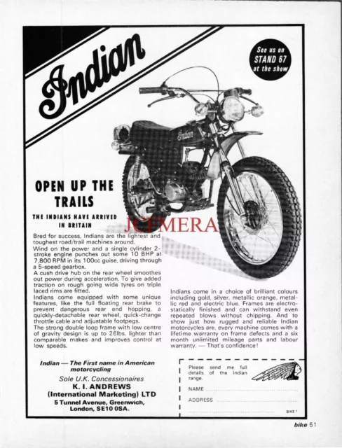 INDIAN 100cc Road/Trail Motor Cycle ADVERT Original Vintage 1975 Print Ad 690/52