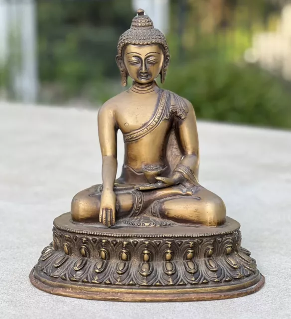 Meditation Buddha Statue Solid Antique Brass Home Altar Shrine 10 inches Tall