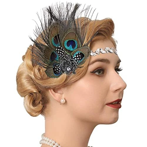 1920s Flapper Headband Peacock Feather Headpiece Rhinestone Gatsby Hair band
