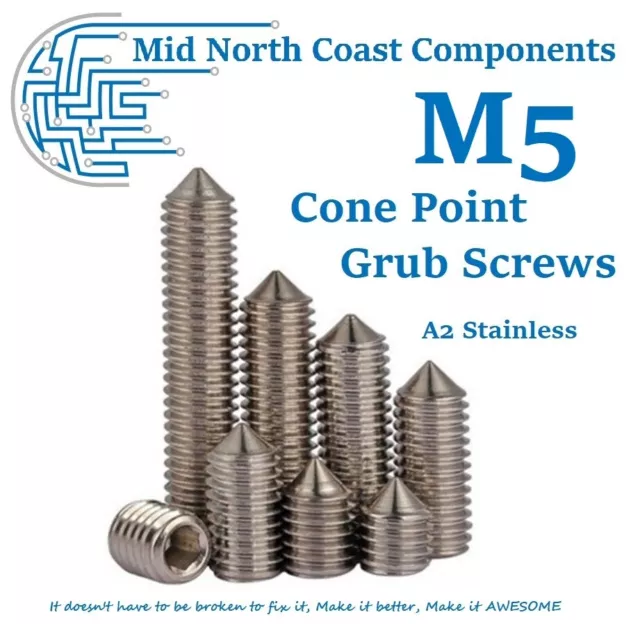 M5 Cone Point Grub Screw 4mm - 12mm Hex Head Set Screw A2 Stainless Steel 0.8