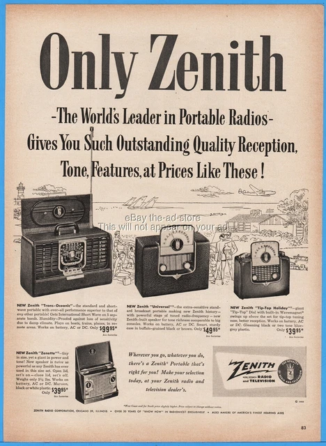 1950 Zenith Trans Oceanic Transistor Universal Tip Top Holiday Zenette Radio ad