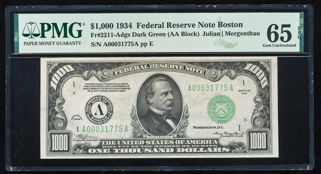 Fr.2211-A 1934 $1000 Frn Boston Pmg65 Epq Gem Cu