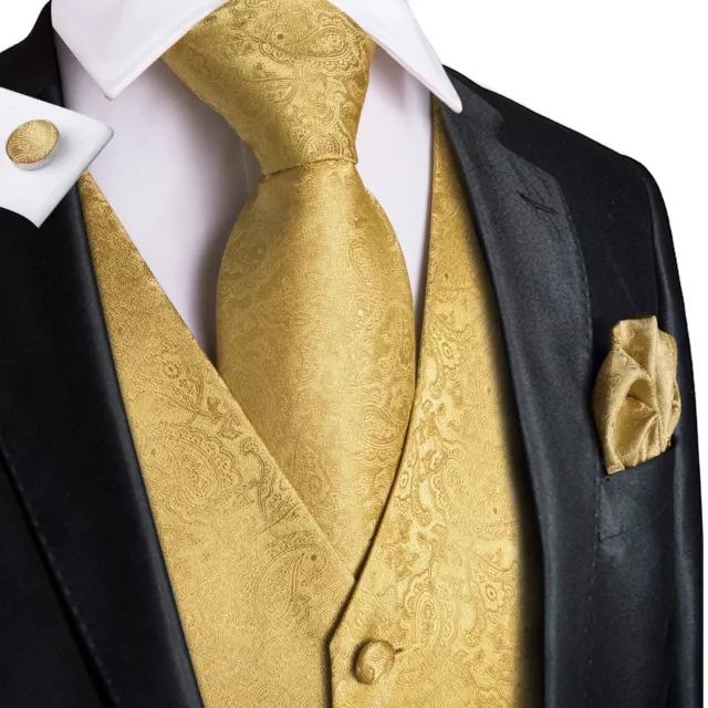 Formal Mens Paisley Vest Jacquard Silk Tie Gold Brown Suit Waistcoat Set Wedding