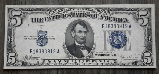 1934-C Series Choice CU $5 Silver Certificate Blue Seal PA block