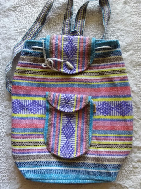 Artesanias Mr. Pinzon Woven Drawstring Boho Hippie  Bag Beach Backpack  16 x 15