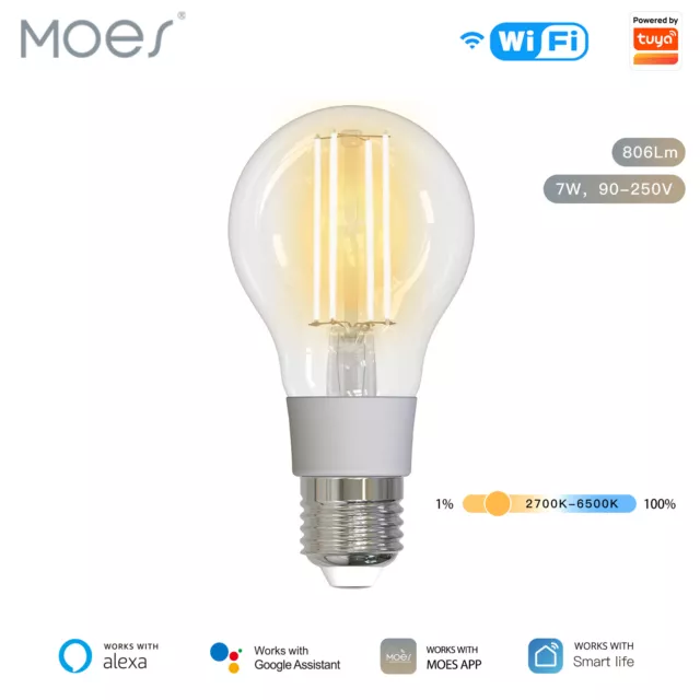 MOES WLAN Smart Filament LED Leuchtmittel 7W Dimmbar Glühbirne 2700K-6500K APP