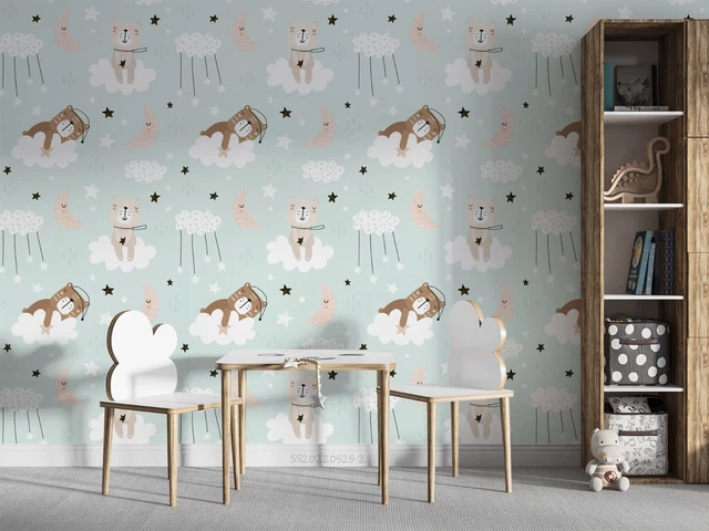 3D CUTE BEAR Cloud Moon Stars Wallpaper Wall Mural Peel and Stick ...