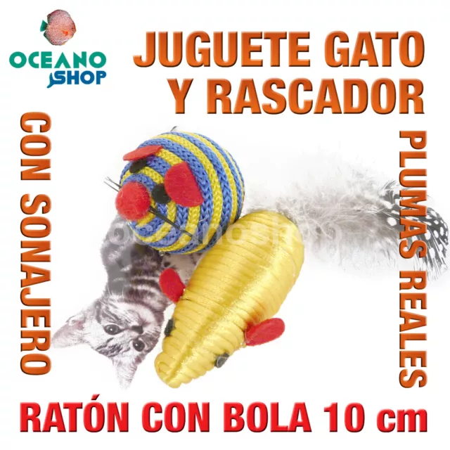 JUGUETE RASCADOR GATO RATÓN CON BOLA SONAJERO INTERIOR Y PLUMAS 10 cm L124 3175