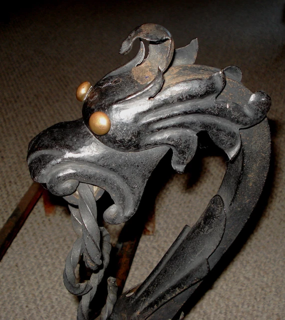 French antique wrought iron fireplace andirons - Griffin motif - circa 1880