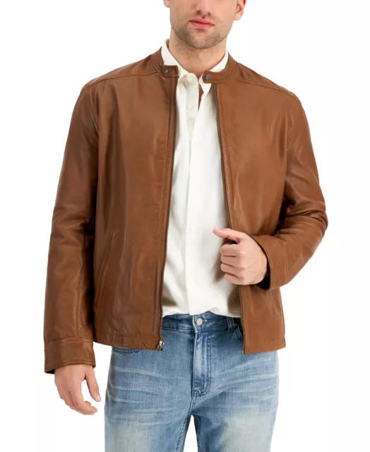 Alfani Mens Pietro Leather Bomber Jacket Cognac Brown Large