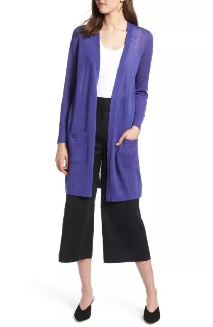 Halogen Long Linen Blend Cardigan Sweater Open Front Purple Petite Small PS $68