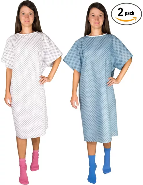 2 Pack - Unisex Hospital Gowns (Blue and White) - Patient Gown