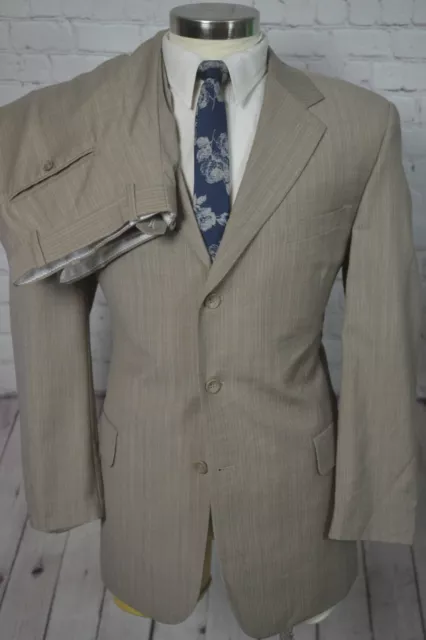 Mens Brown Khaki Wool Classic Pinstripe 2 Piece Suit 40R Jacket 34x30 Pant
