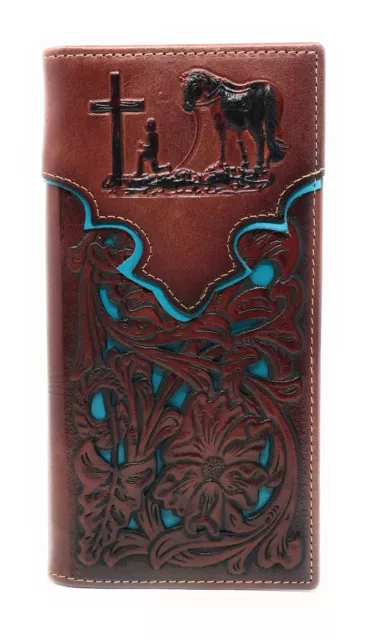 Genuine Leather Praying Cowboy Tooled Laser Cut Men's Long Bifold Wallet 10color