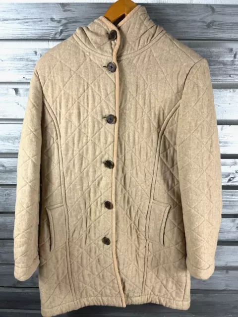 Lands' End Beige Quilted Faux Fur Lined Hooded Mid Trench Coat Jacket Womens M