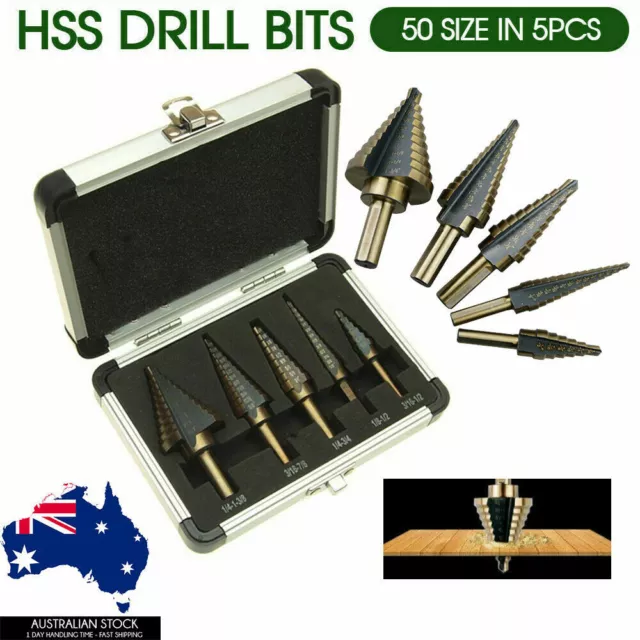 Steel Cone Drill Titanium Bits 5PC HSS Step Set Kit Hole Cutter Aluminum Case AU