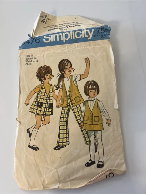 Vtg 70s Simplicity Pattern 9476 Sz 5 Childrens Boho Jumper w/ Vest, Bell Bottoms